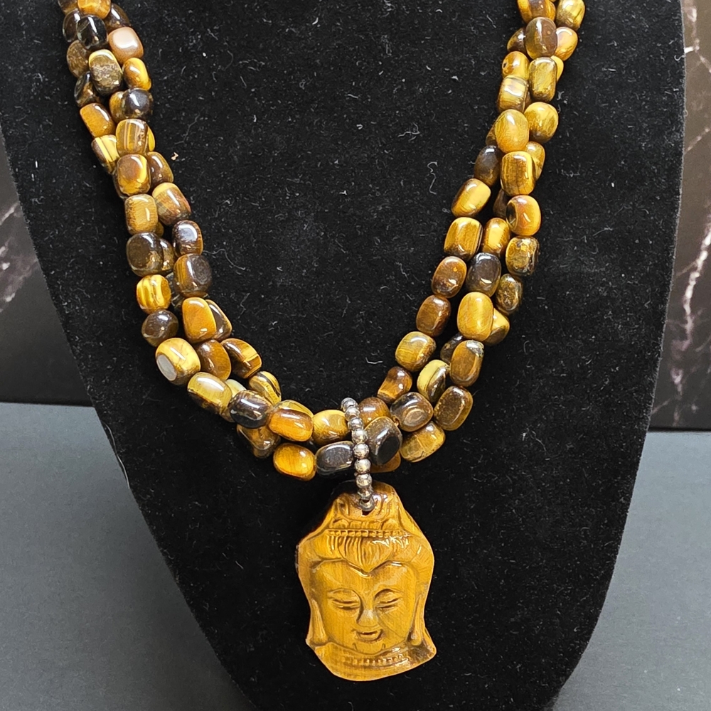 Tiger Eye Buddha Pendant Necklace Vintage